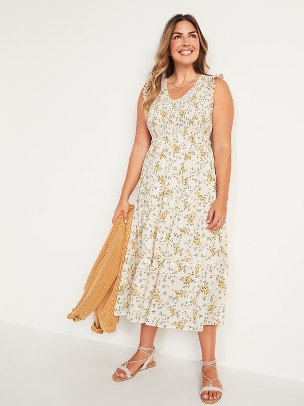 Old Navy Fit & Flare Floral Tiered Sleeveless Smocked Midi Dress